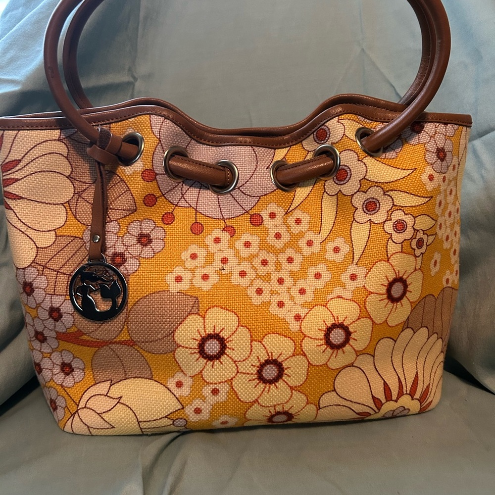 Spartina 449  Natural Linen & Genuine Leather FloralYellow & Brown Women's Bag
